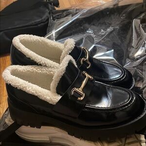 Black Loafers with Gold Buckle and White Fur Lining